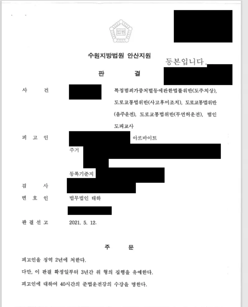 특정범죄가중처벌법상 도주치상·음주운전·무면허운전 집행유예 선고 사례