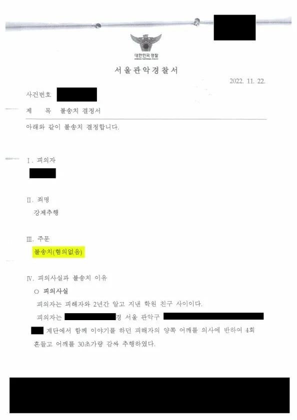 강제추행 혐의가 인정되지 않아 불송치 결정된 사례