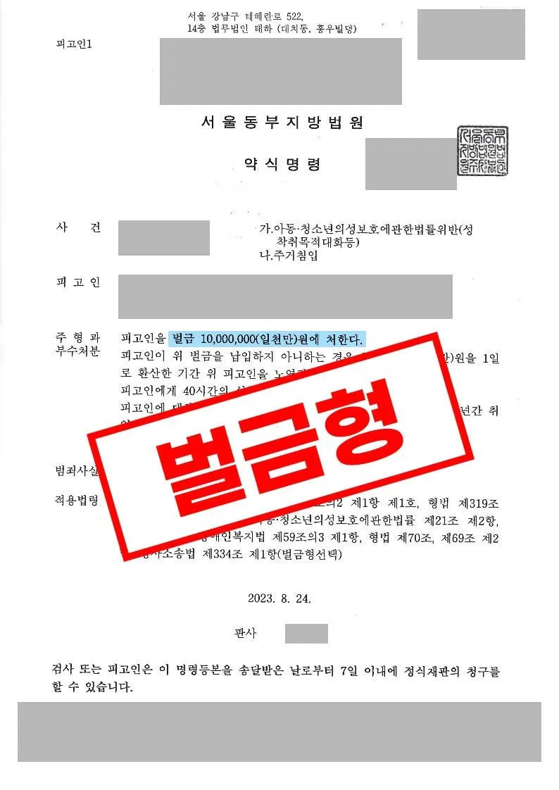 성착취목적대화등·주거침입·반복 연락 혐의로 벌금형이 선고된 사례