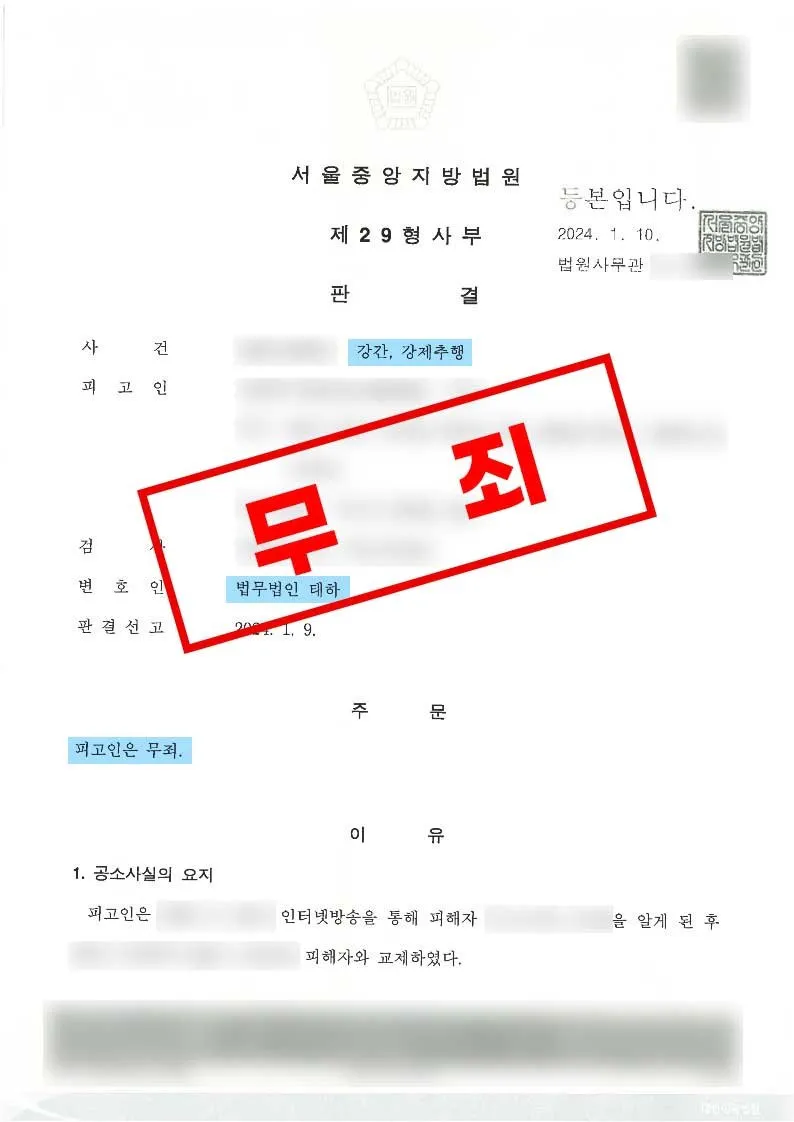 연인 관계에서 제기된 강제추행·강간 혐의가 무죄로 판단된 사례