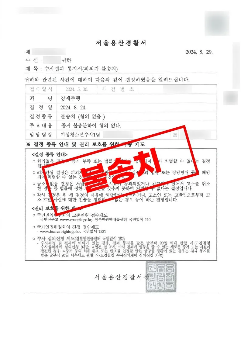 유사강간 및 강제추행 혐의에서 증거불충분 처분으로 종결된 사례