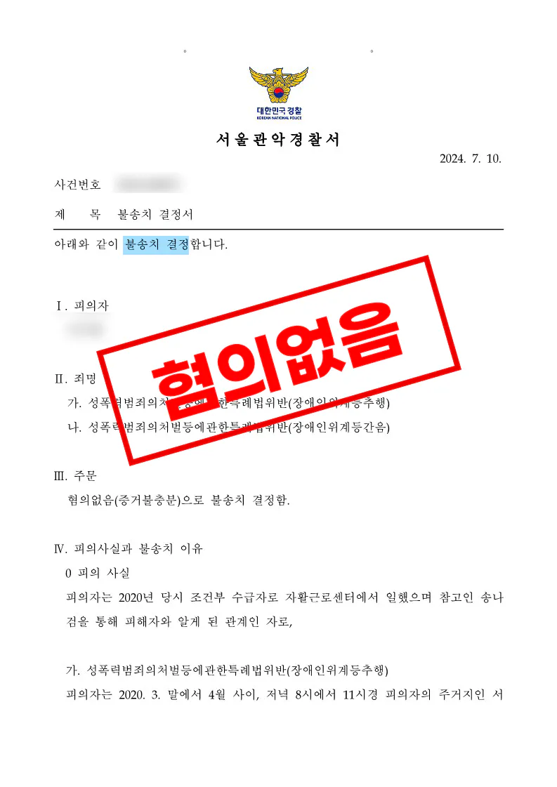 객관적 자료를 통해 위력에 의한 성범죄 혐의가 불송치된 사례