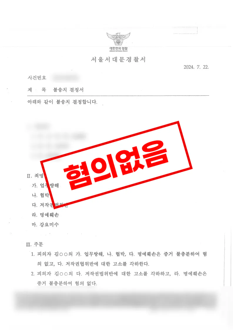 교수의 부당지시 항의 과정에서 제기된 업무방해·협박·명예훼손 혐의가 불송치된 사례
