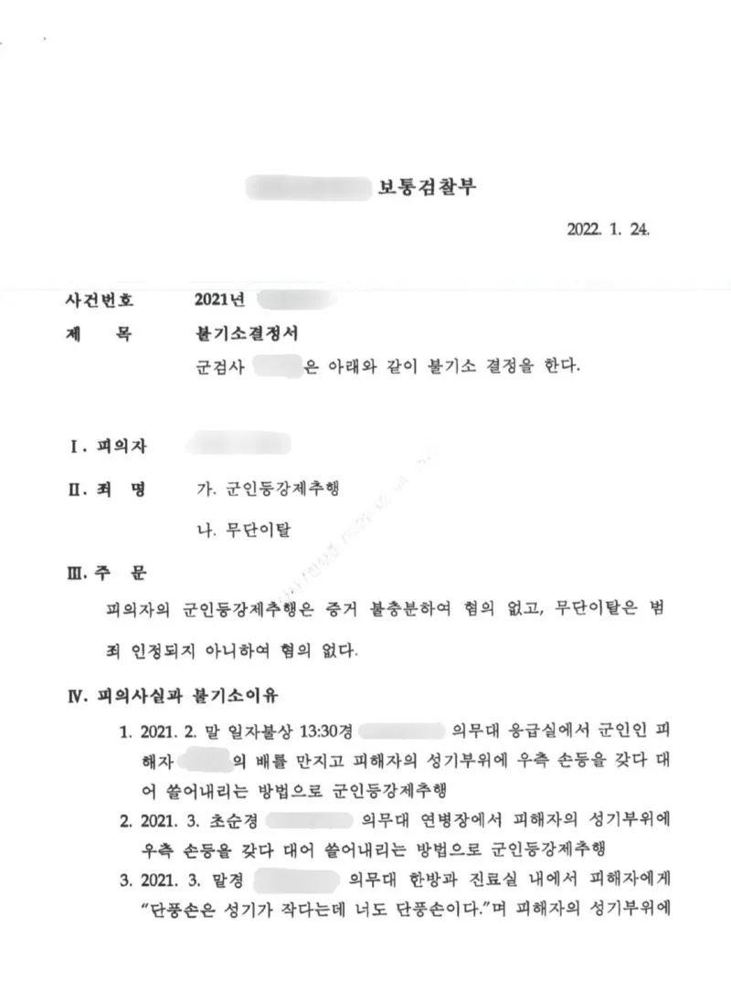 군인등강제추행 및 무단이탈 혐의가 모두 혐의없음으로 종결된 사례