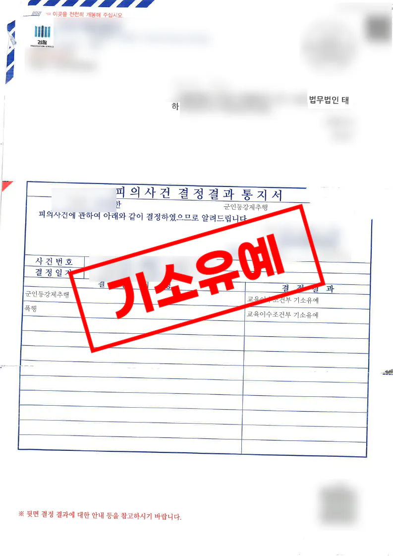 군 복무 중 후임 3명에 대한 강제추행 혐의가 피해자 전원과의 합의로 기소유예로 종결된 사례