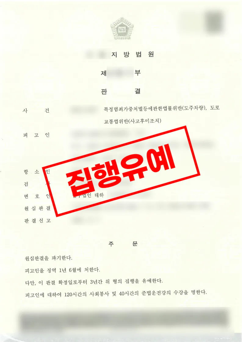 도주차량·사고후미조치 항소심에서 실형이 집행유예로 변경된 사례