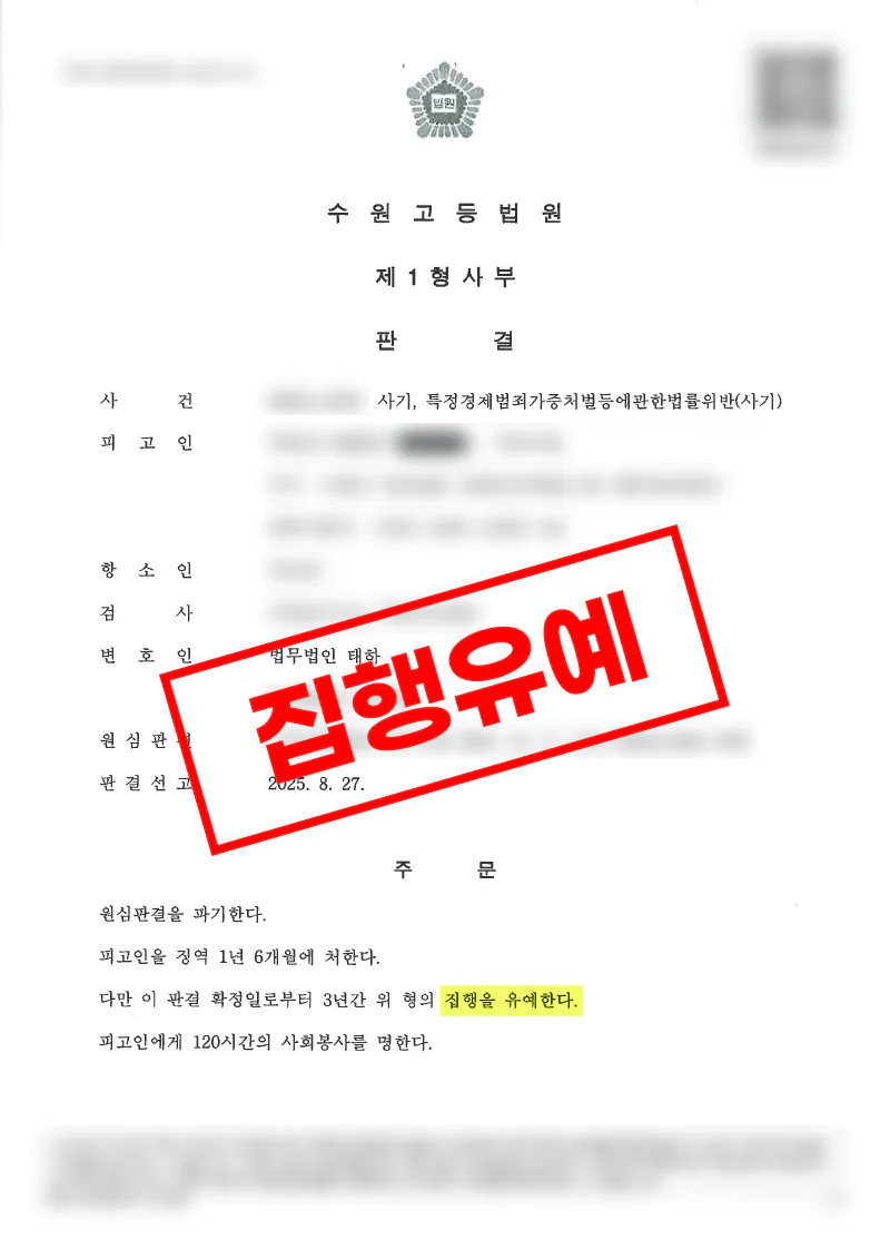 특정경제범죄가중처벌등에관한법률위반 사기 혐의에서 집행유예가 선고된 사례