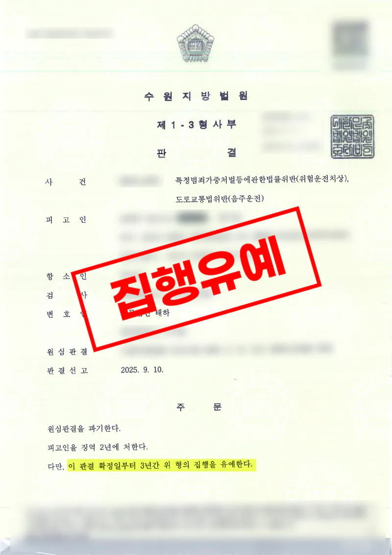 음주운전 재범 교통사고 항소심에서 집행유예로 변경된 사례