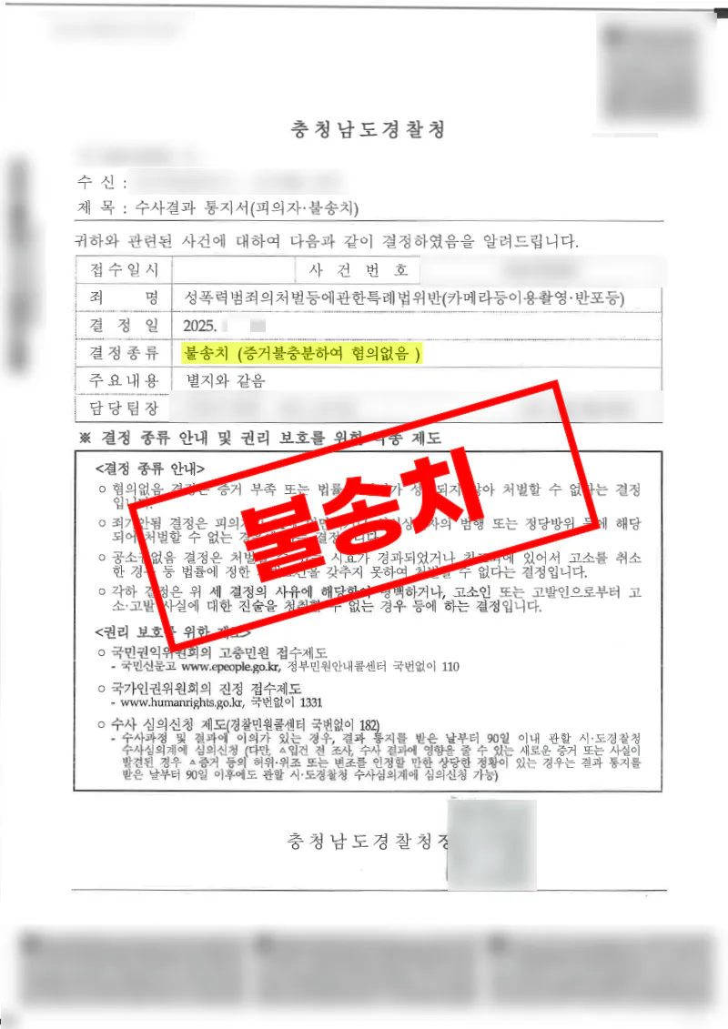 카메라이용촬영·촬영물 협박 등 혐의에서 증거불충분으로 불송치 처분을 받은 사례