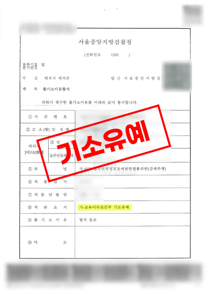 미성년자 상대 아청법 강제추행 혐의에서 교육이수조건부 기소유예를 받은 사례