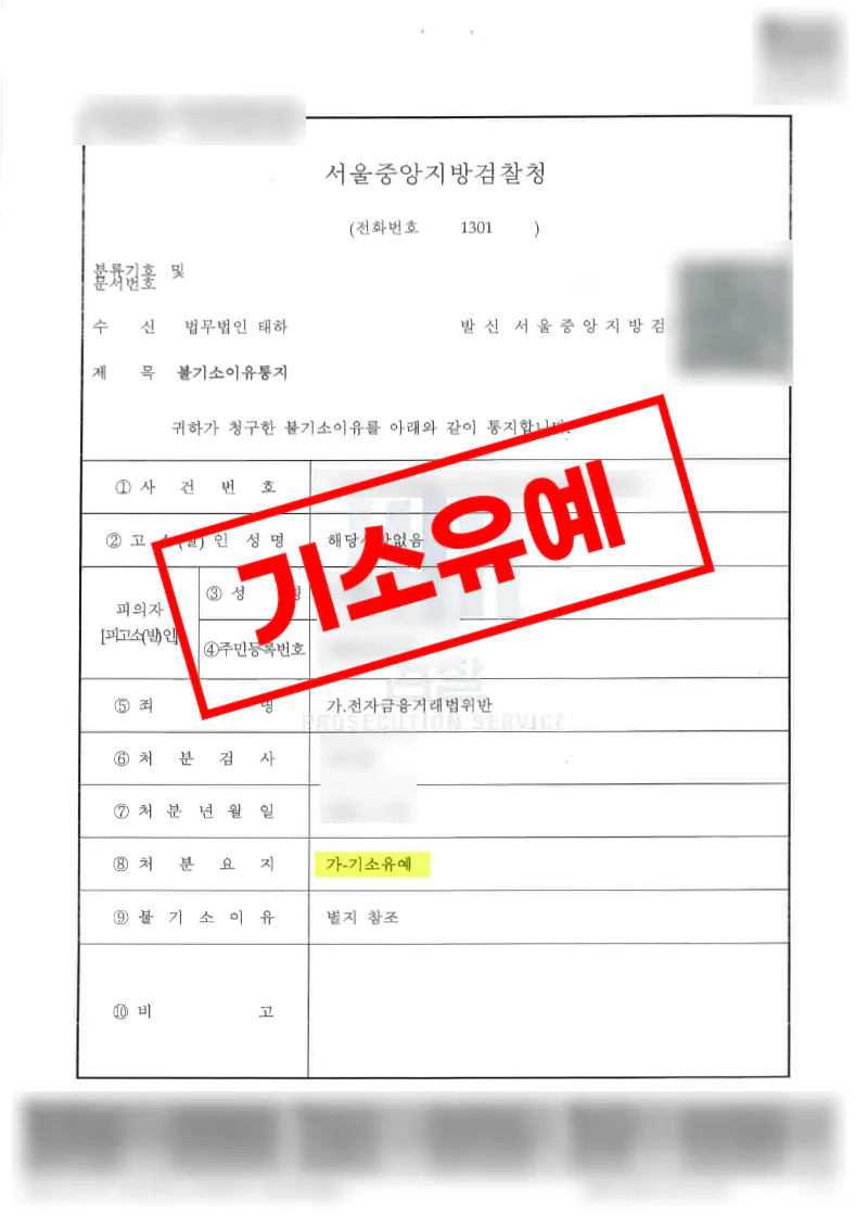 보이스피싱 수취계좌 전자금융거래법 위반 혐의에서 기소유예를 이끌어낸 사례