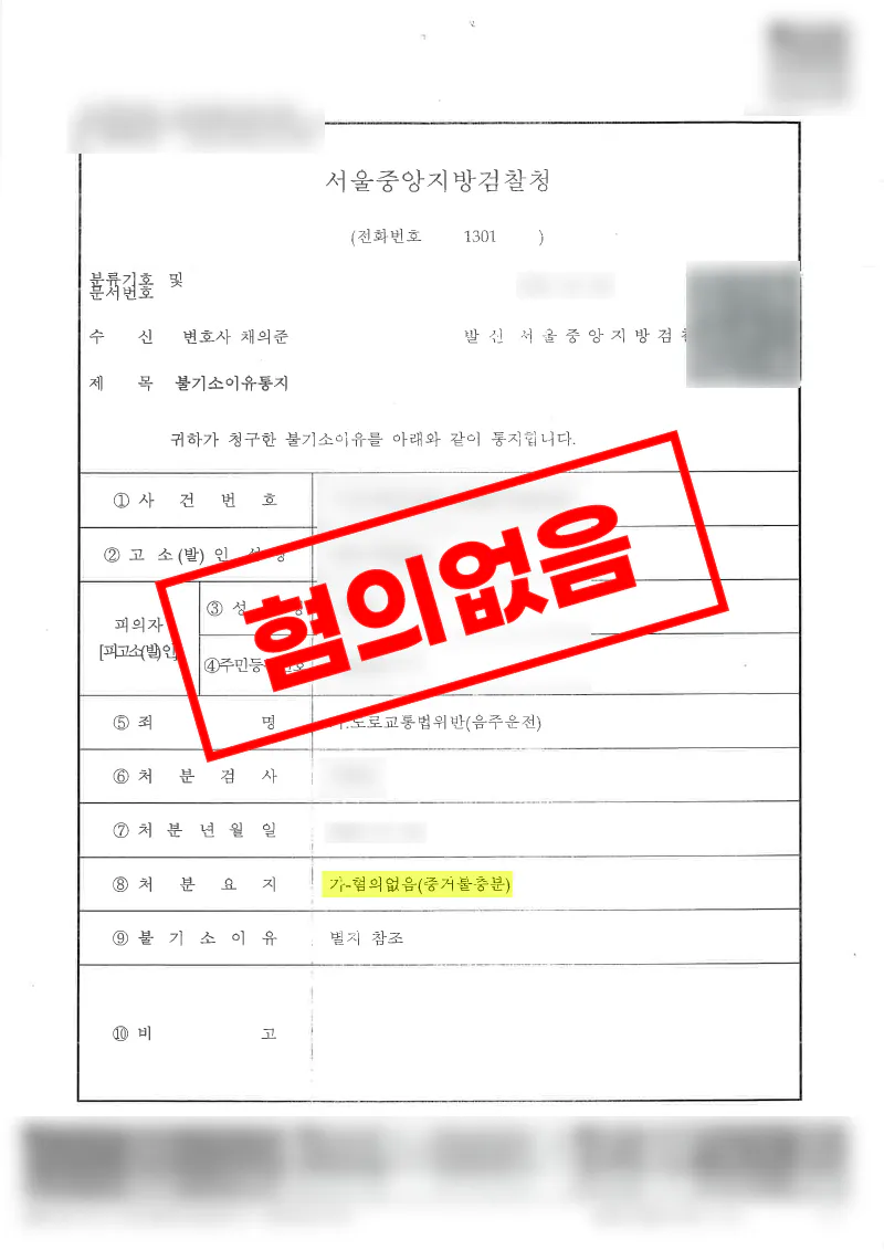 음주운전 재범 의심 사건에서 직접 운전 사실 입증 부족으로 혐의없음 처분을 받은 사례