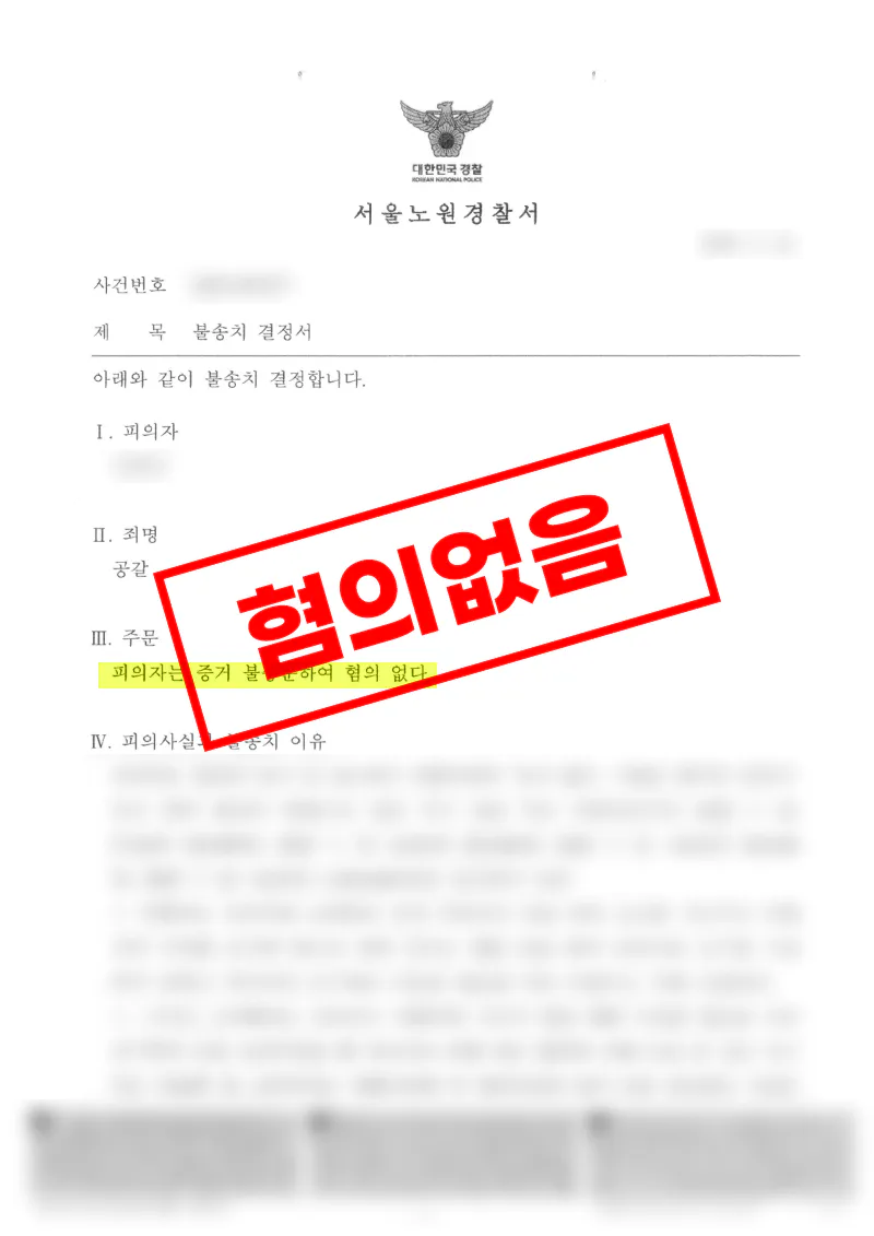 공갈은 불송치, 재물손괴는 기소유예, 협박·폭행은 공소권없음으로 정리된 사례