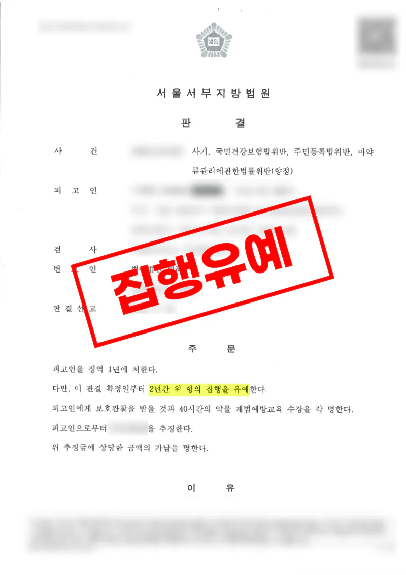타인 주민등록번호 병원 진료 및 향정신성의약품 사건에서 집행유예를 받은 사례