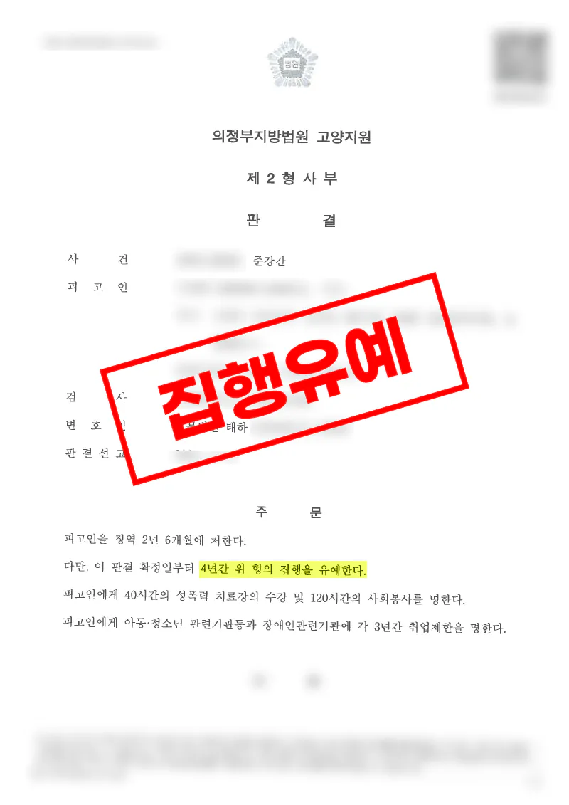 준강간 혐의 인정 후 피해자 합의로 집행유예가 확정된 사례
