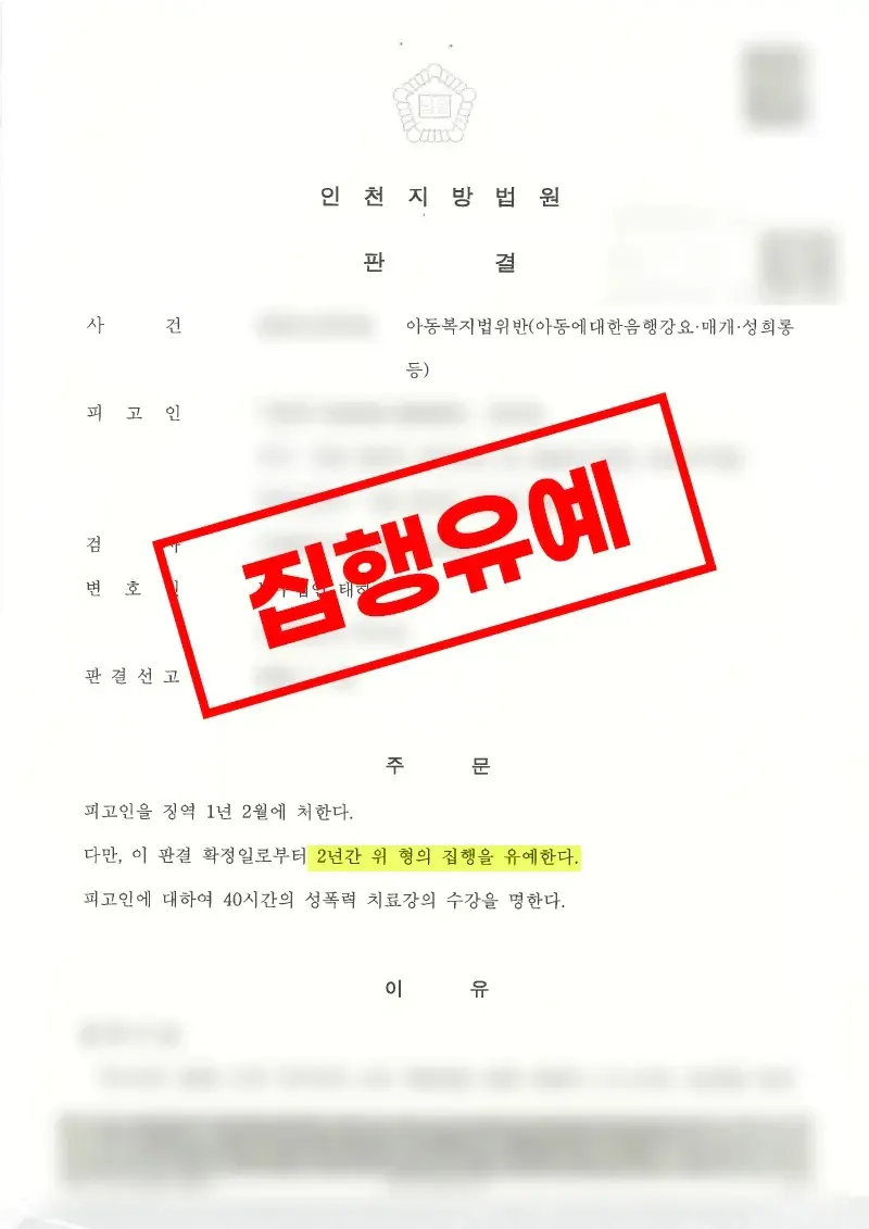 미성년자 관련 아동복지법위반 사건에서 집행유예와 부수처분 면제를 받은 사례