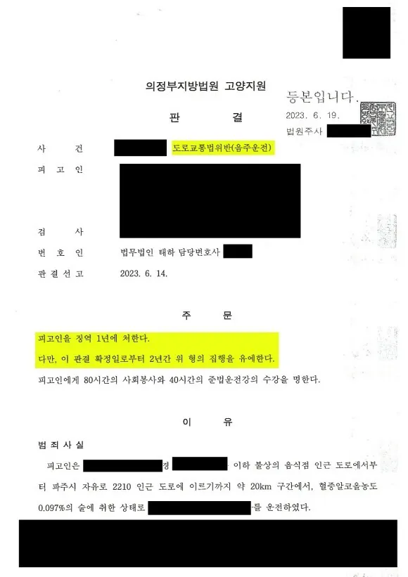 음주운전 동종 전과 3개월 만의 재범에서 집행유예를 선고받은 사례