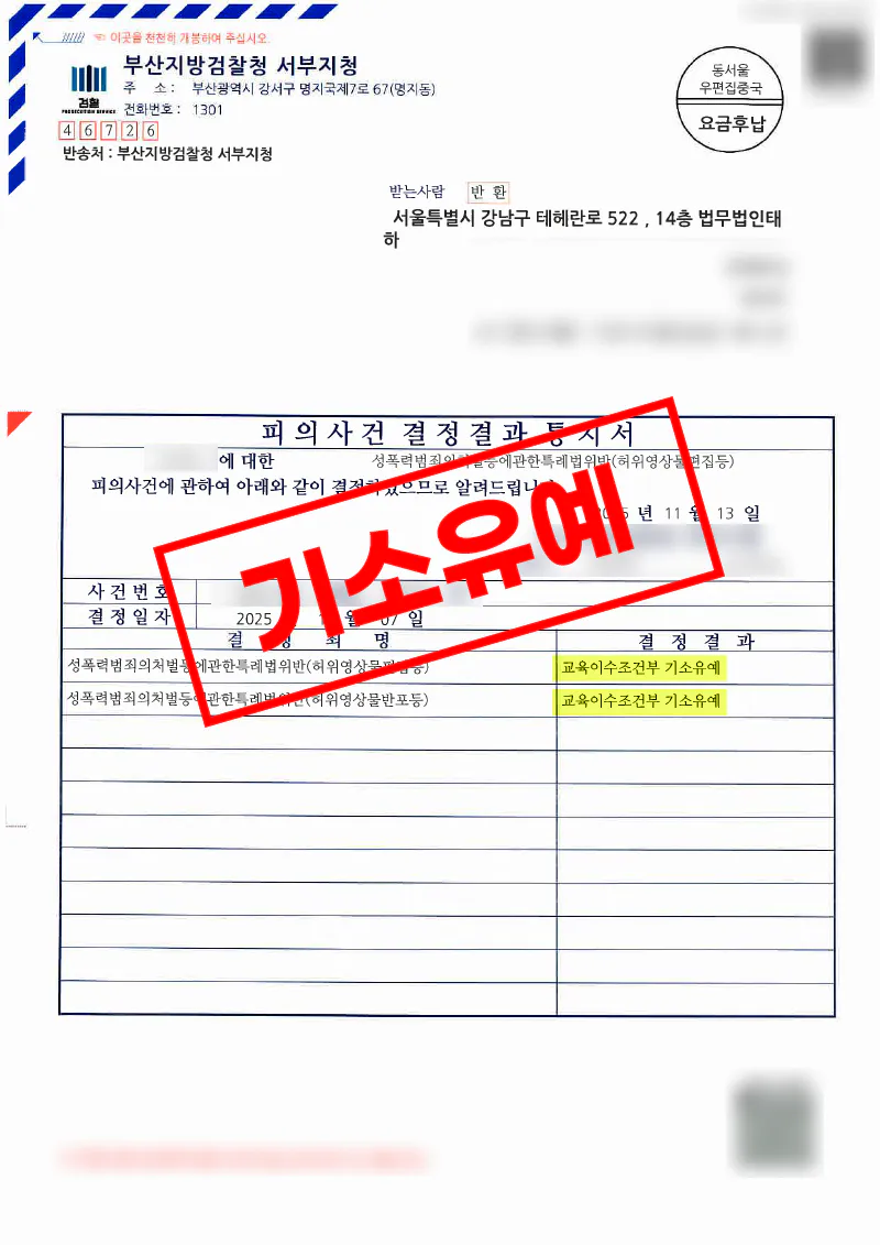 지인능욕방 허위영상물 제작·전송 혐의에서 기소유예 처분을 받은 사례 이미지